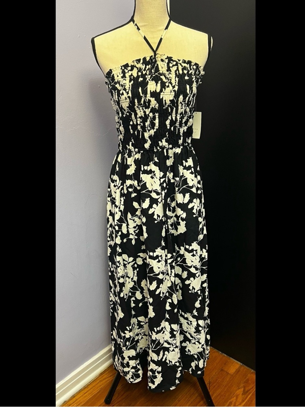 A new day Black & White Floral Smocked Halter Maxi Dress
